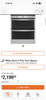 Reference photo only - retailer screenshot of the same GE double oven range; prices in the screenshot are not this store's price